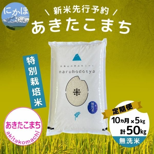 [令和5年産新米予約][無洗米][10ヵ月定期便]特別栽培米あきたこまち5kg×10回 計50kg